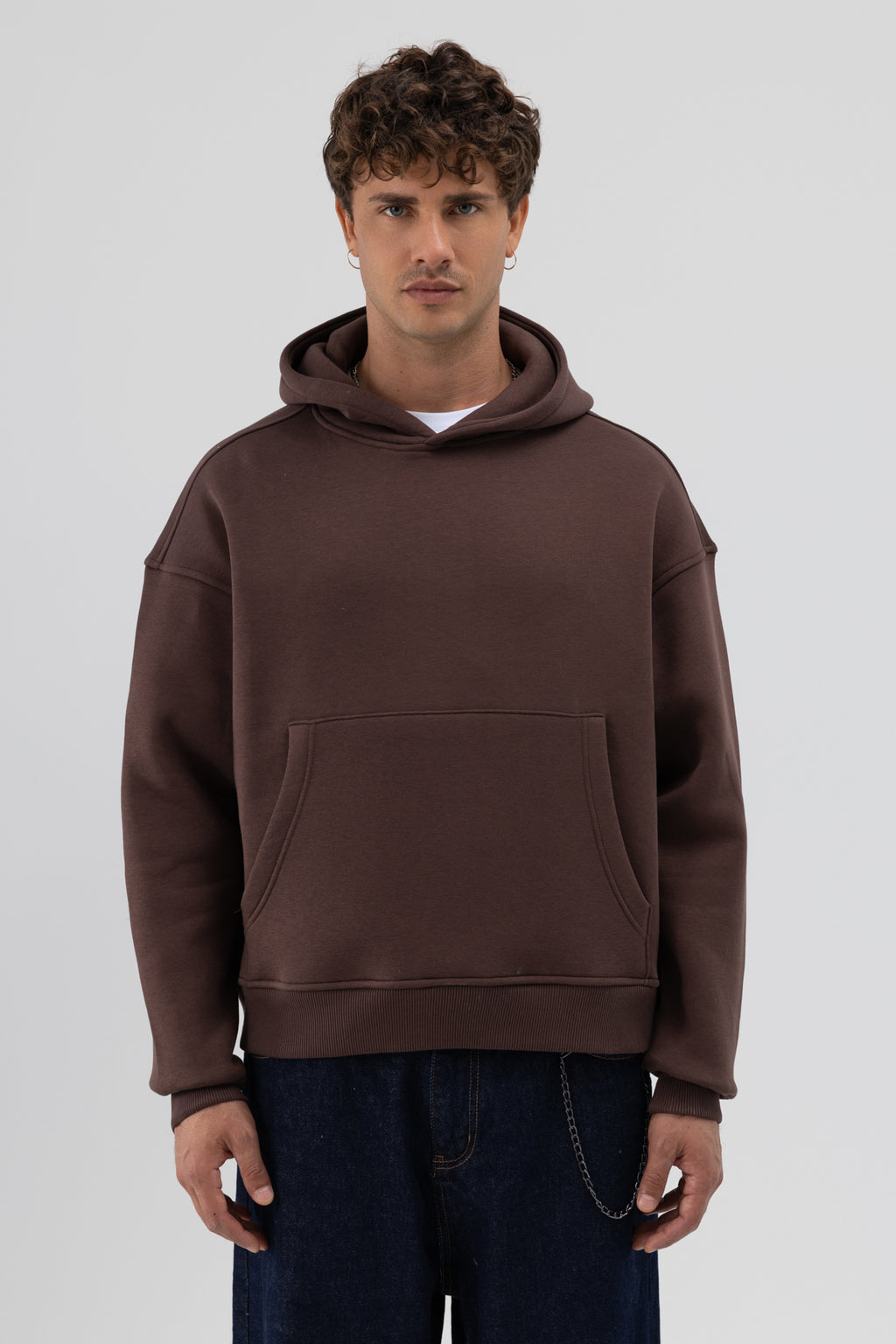 Basic Kapüşonlu Boxy Fit Sweatshirt Kahve