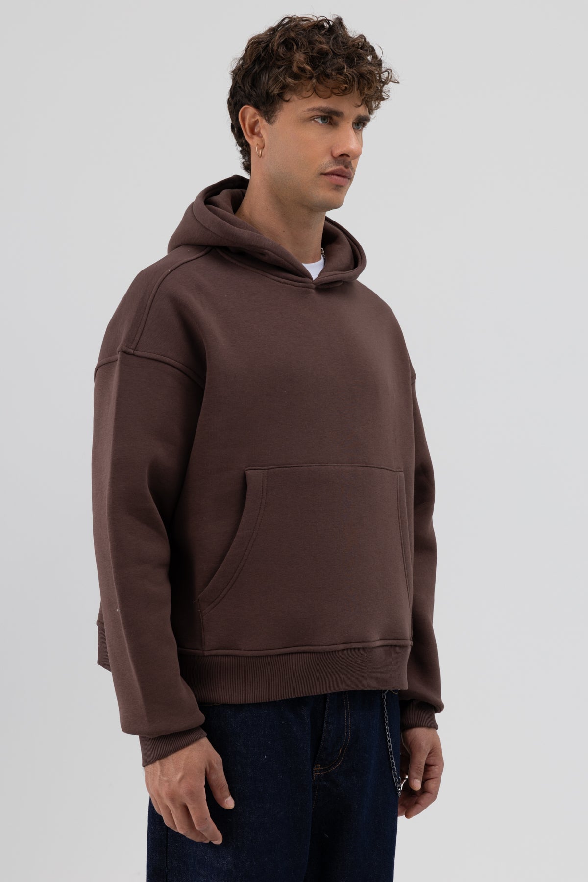 Basic Kapüşonlu Boxy Fit Sweatshirt Kahve