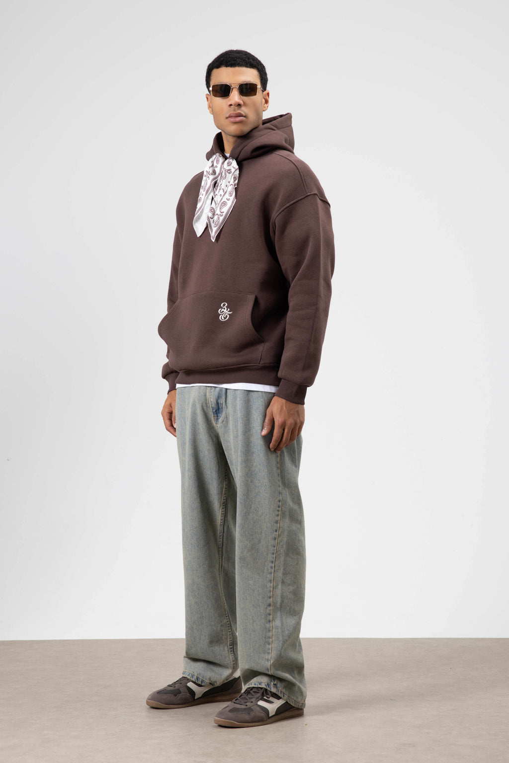 Oversize Fular Detaylı Kapüşonlu Sweatshirt Kahve