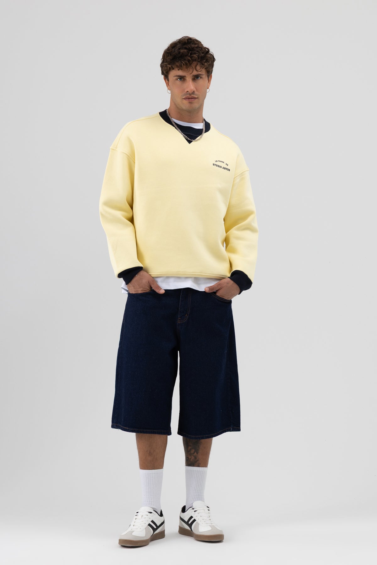 Oversize Bisiklet Yaka Baskılı Sweatshirt Sarı