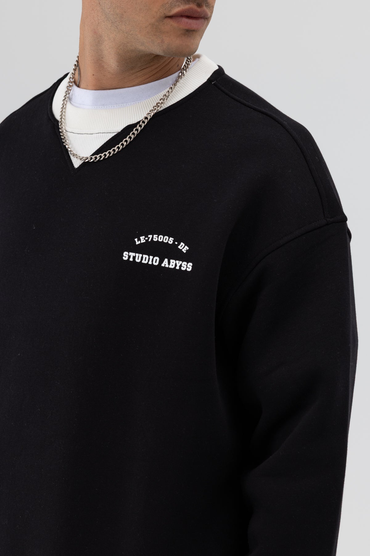 Oversize Bisiklet Yaka Baskılı Sweatshirt Siyah