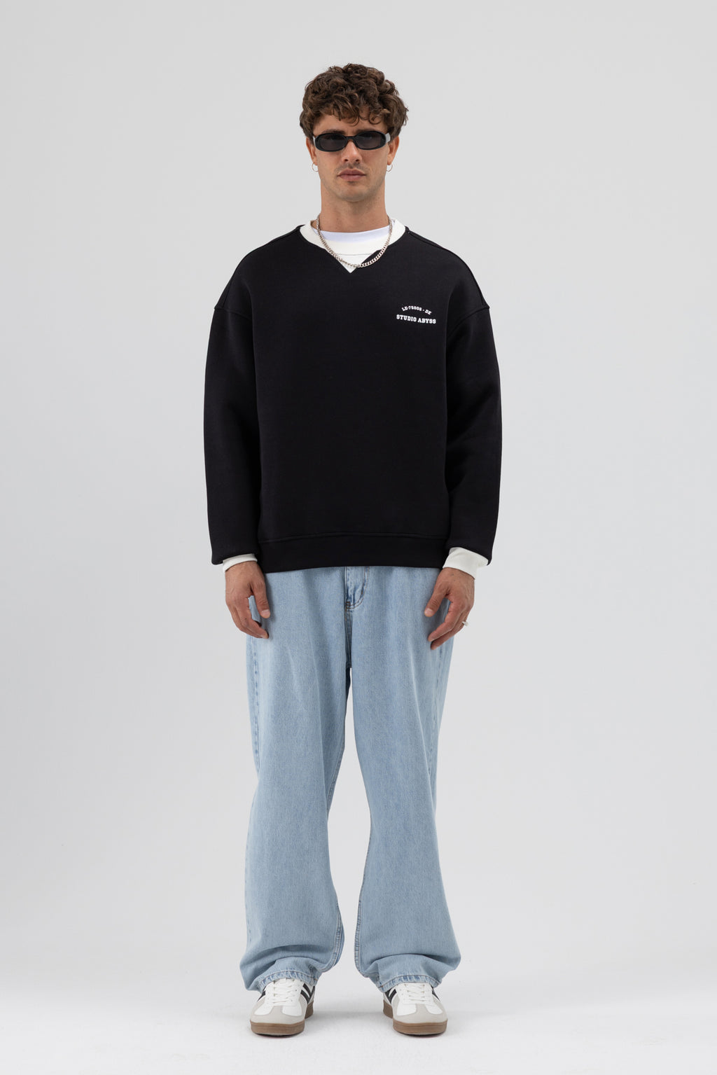 Oversize Bisiklet Yaka Baskılı Sweatshirt Siyah