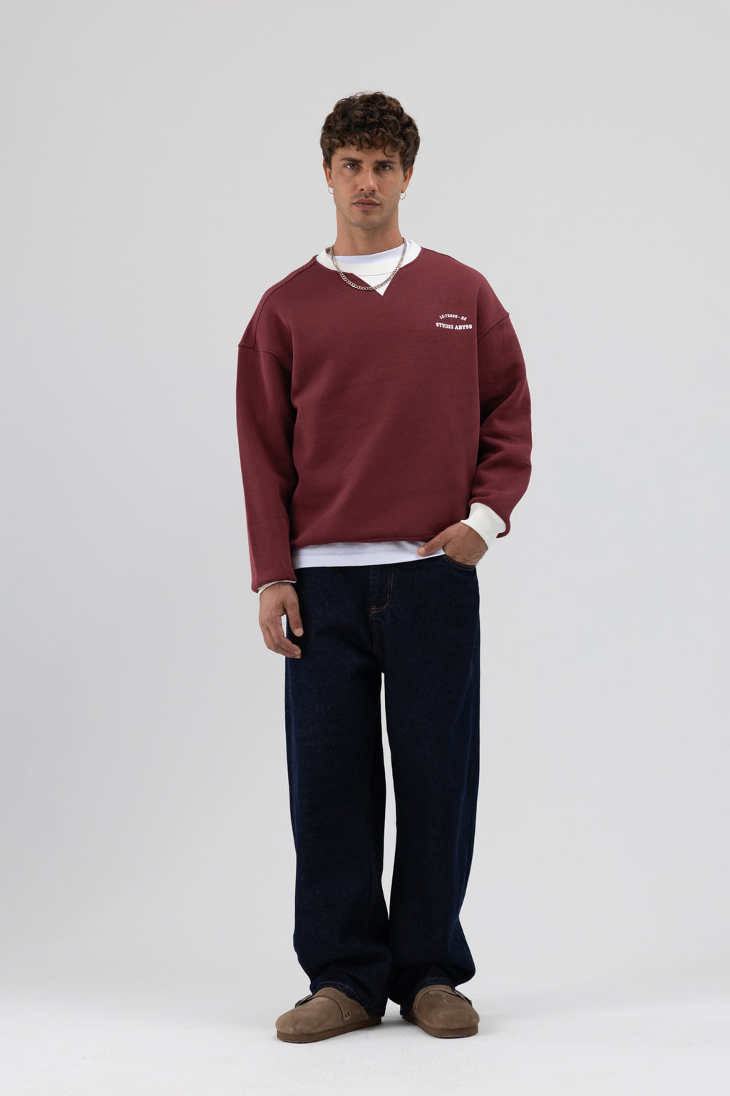Oversize Bisiklet Yaka Baskılı Sweatshirt Bordo