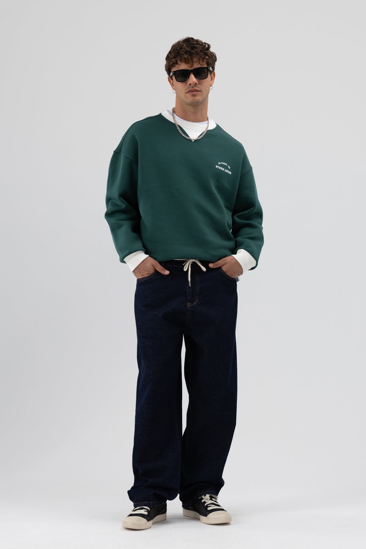 Oversize Bisiklet Yaka Baskılı Sweatshirt Nefti