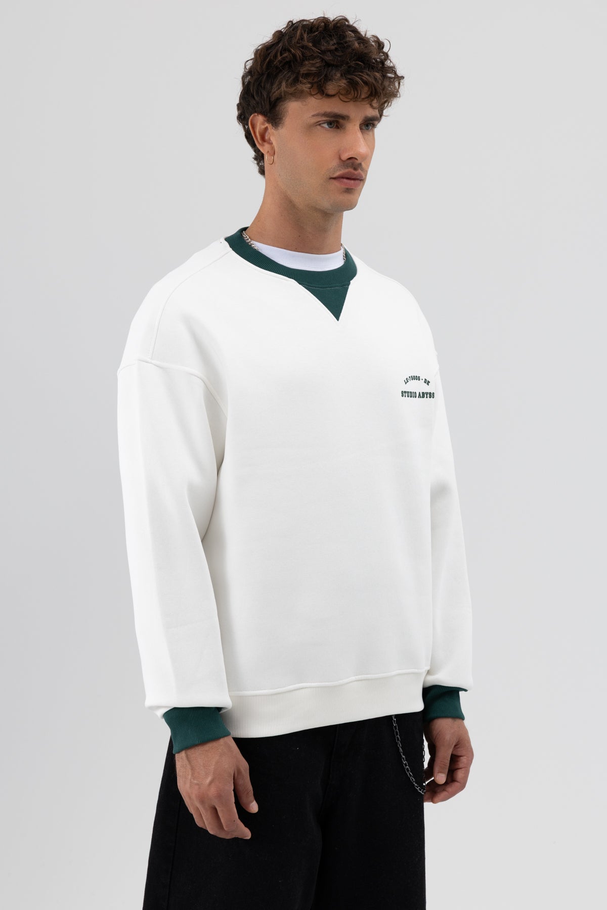 Oversize Bisiklet Yaka Baskılı Sweatshirt Ekru
