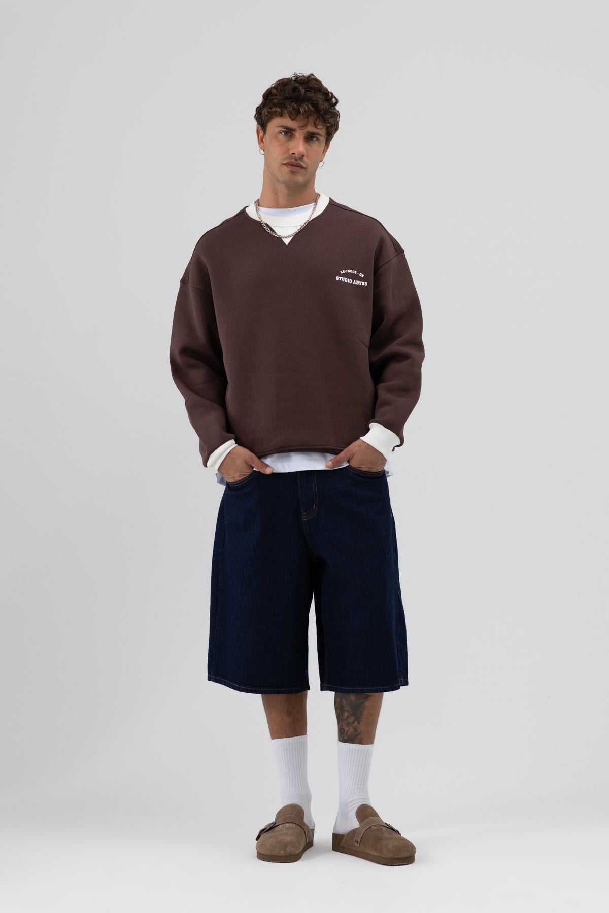 Oversize Bisiklet Yaka Baskılı Sweatshirt Kahve