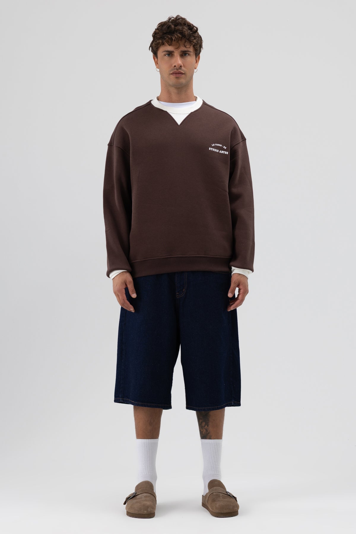 Oversize Bisiklet Yaka Baskılı Sweatshirt Kahve