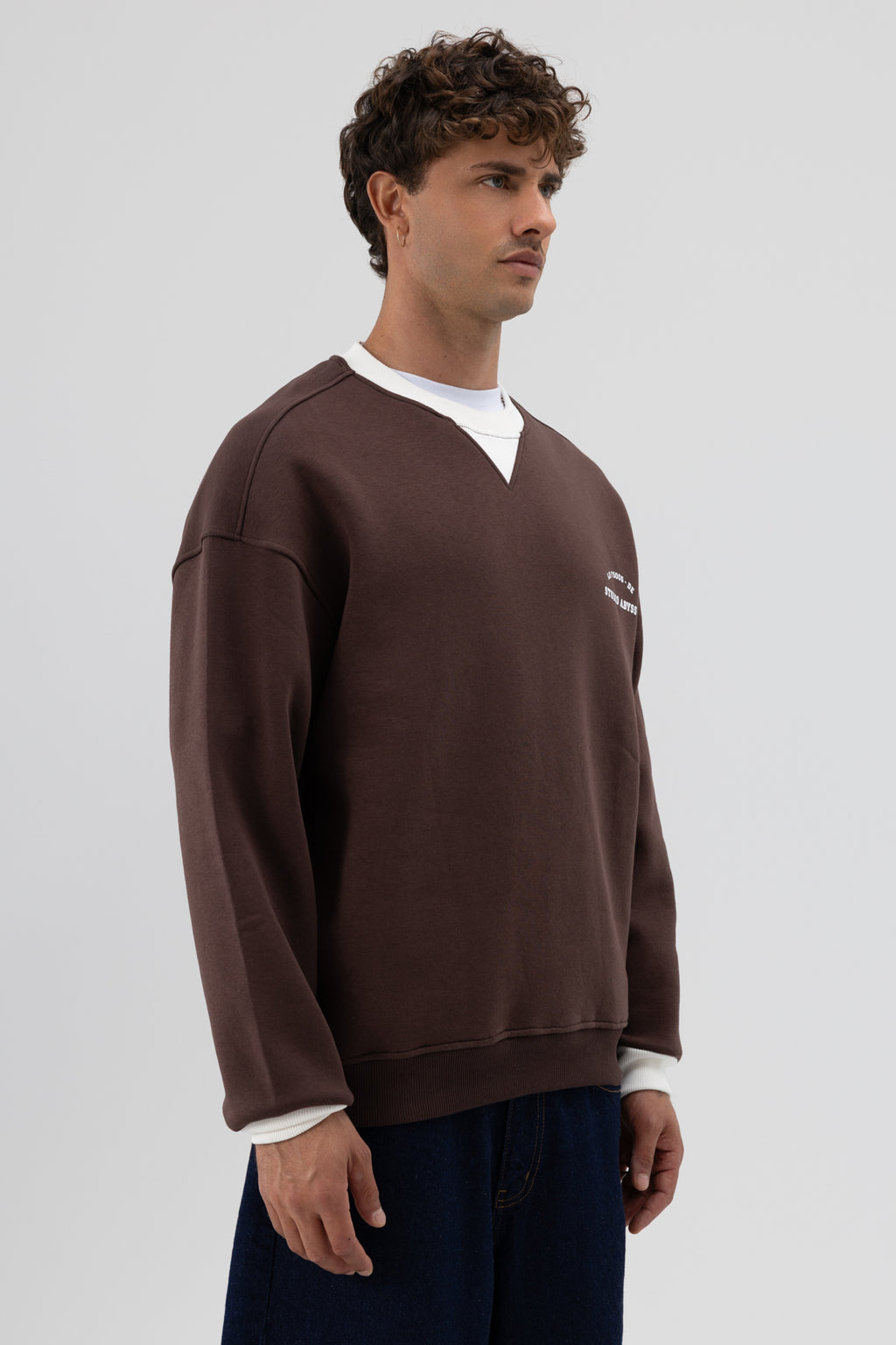Oversize Bisiklet Yaka Baskılı Sweatshirt Kahve