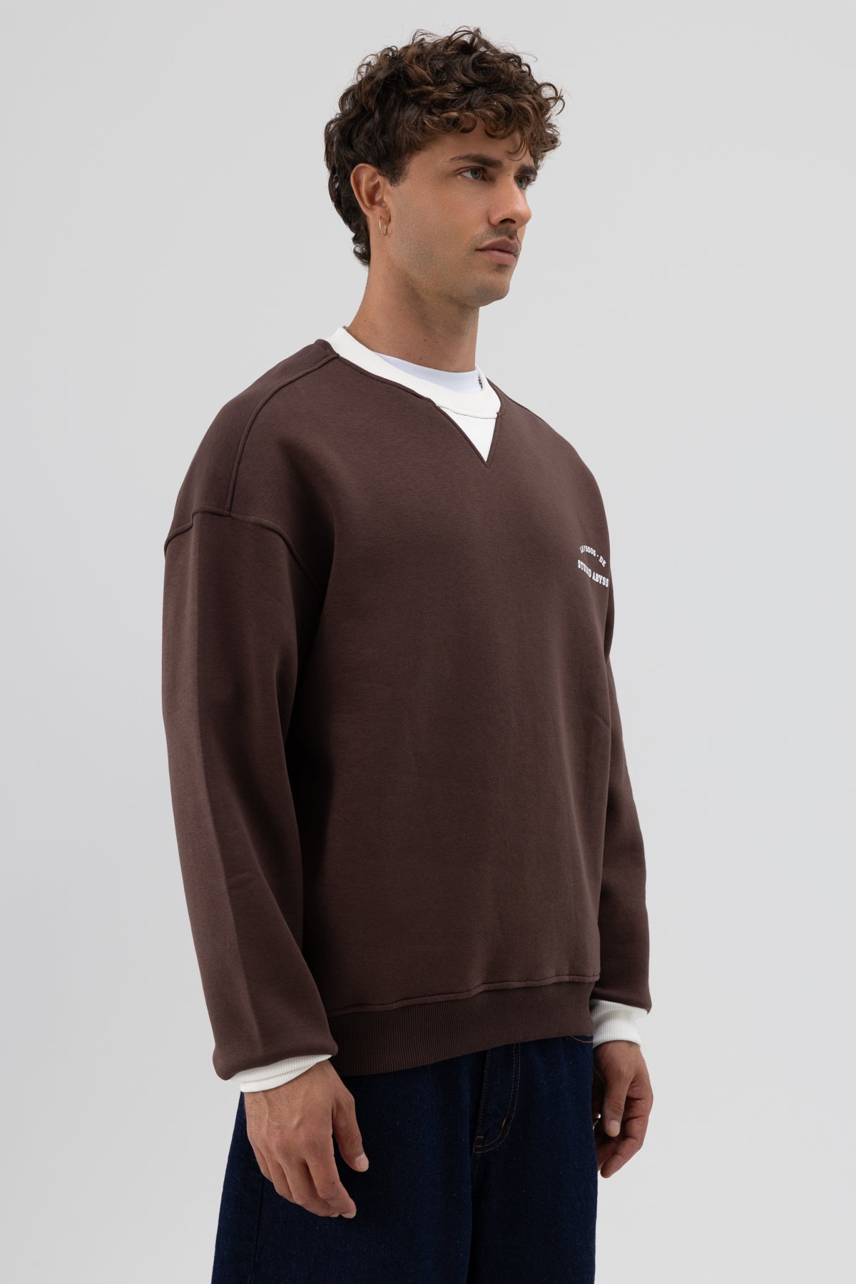 Oversize Bisiklet Yaka Baskılı Sweatshirt Kahve