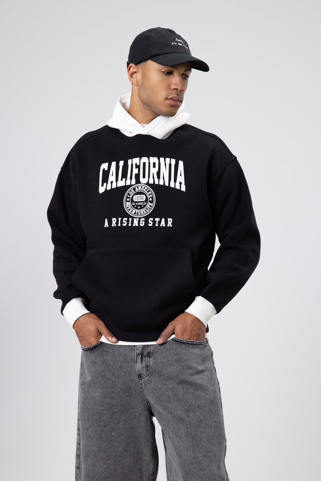 Çift Renk Baskılı Oversize Sweatshirt Siyah