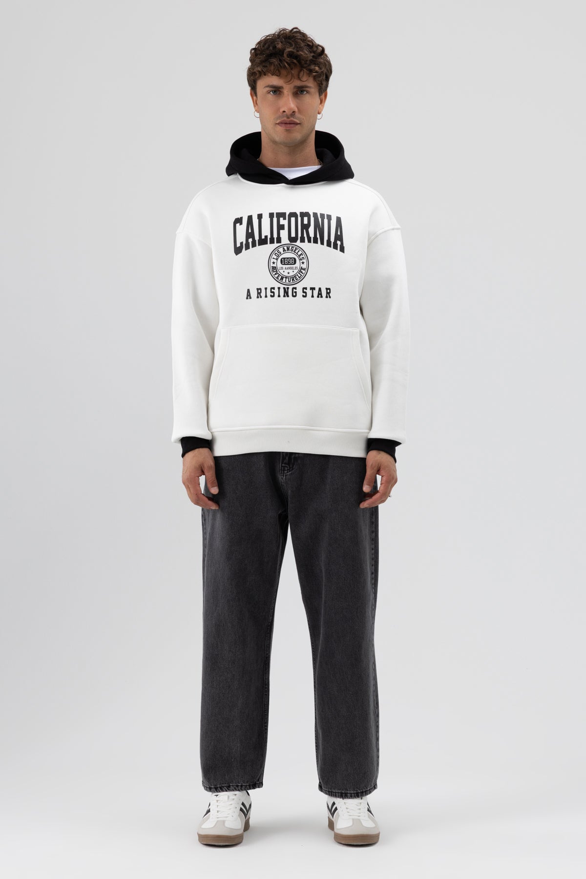 Çift Renk Baskılı Oversize Sweatshirt Ekru