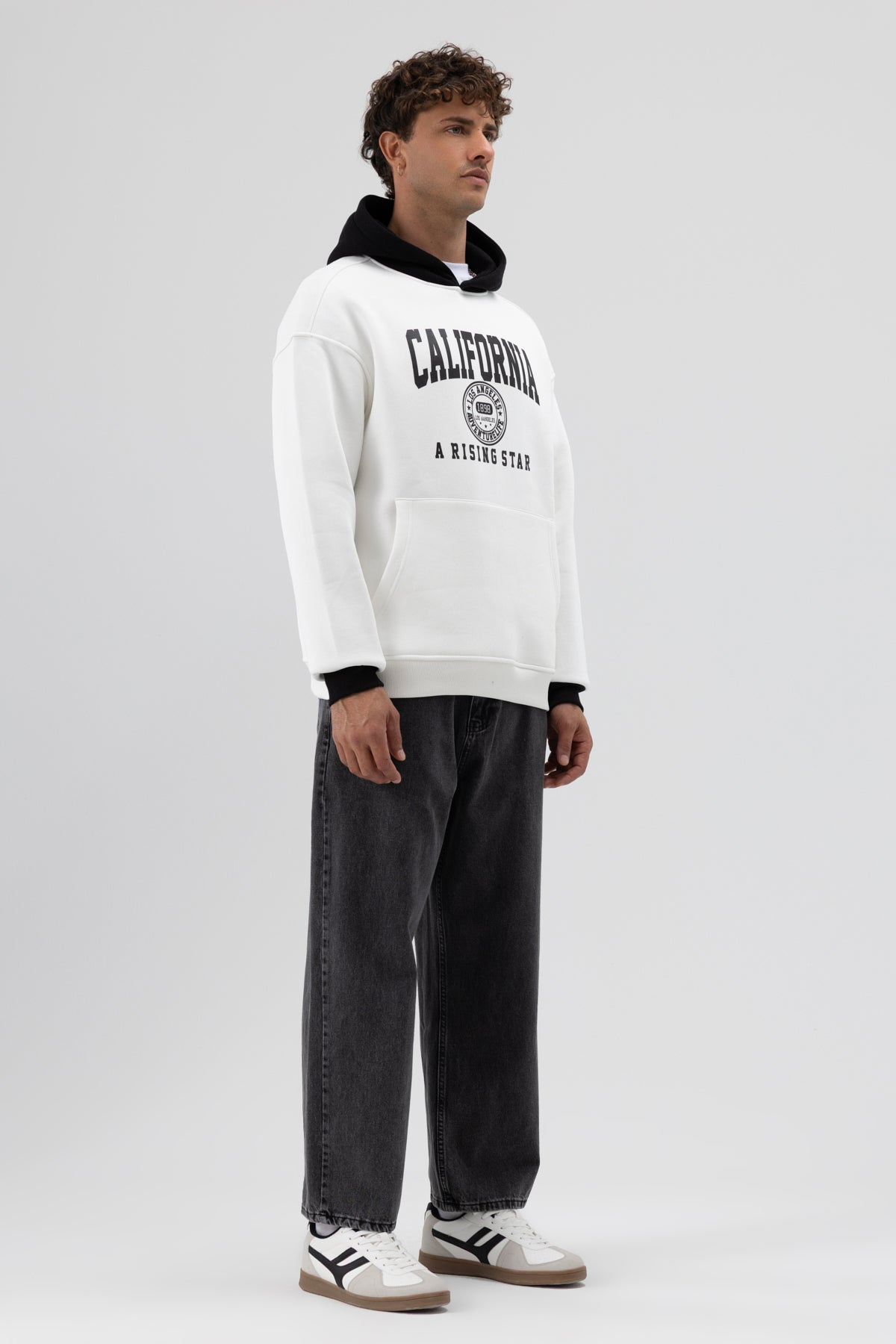 Çift Renk Baskılı Oversize Sweatshirt Ekru