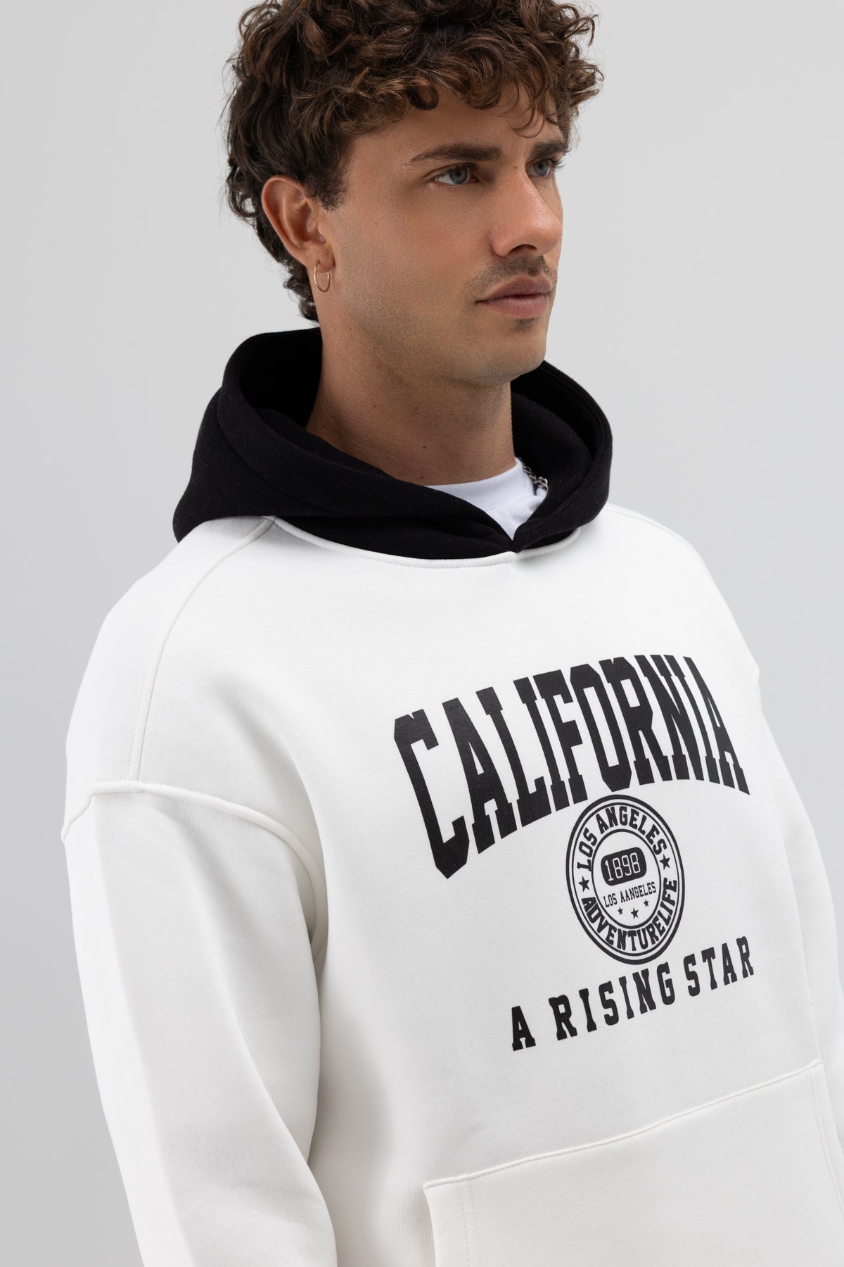 Çift Renk Baskılı Oversize Sweatshirt Ekru