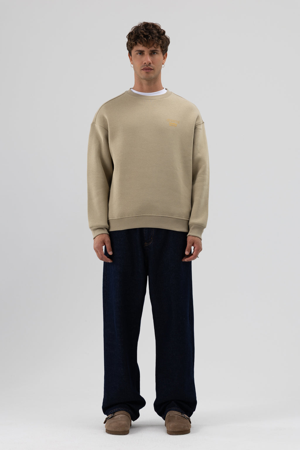 Oversize Bisiklet Yaka Baskılı Sweatshirt Haki