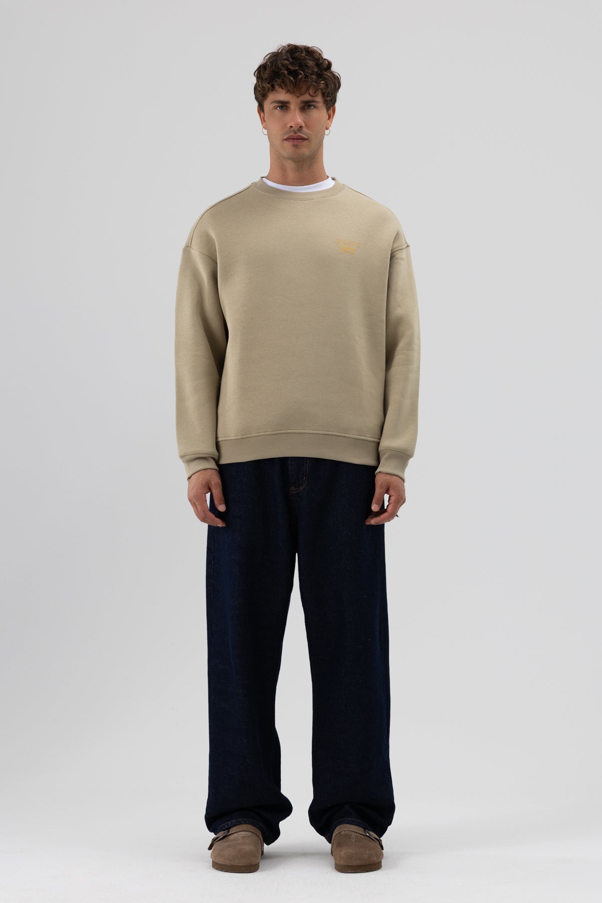 Oversize Bisiklet Yaka Baskılı Sweatshirt Haki