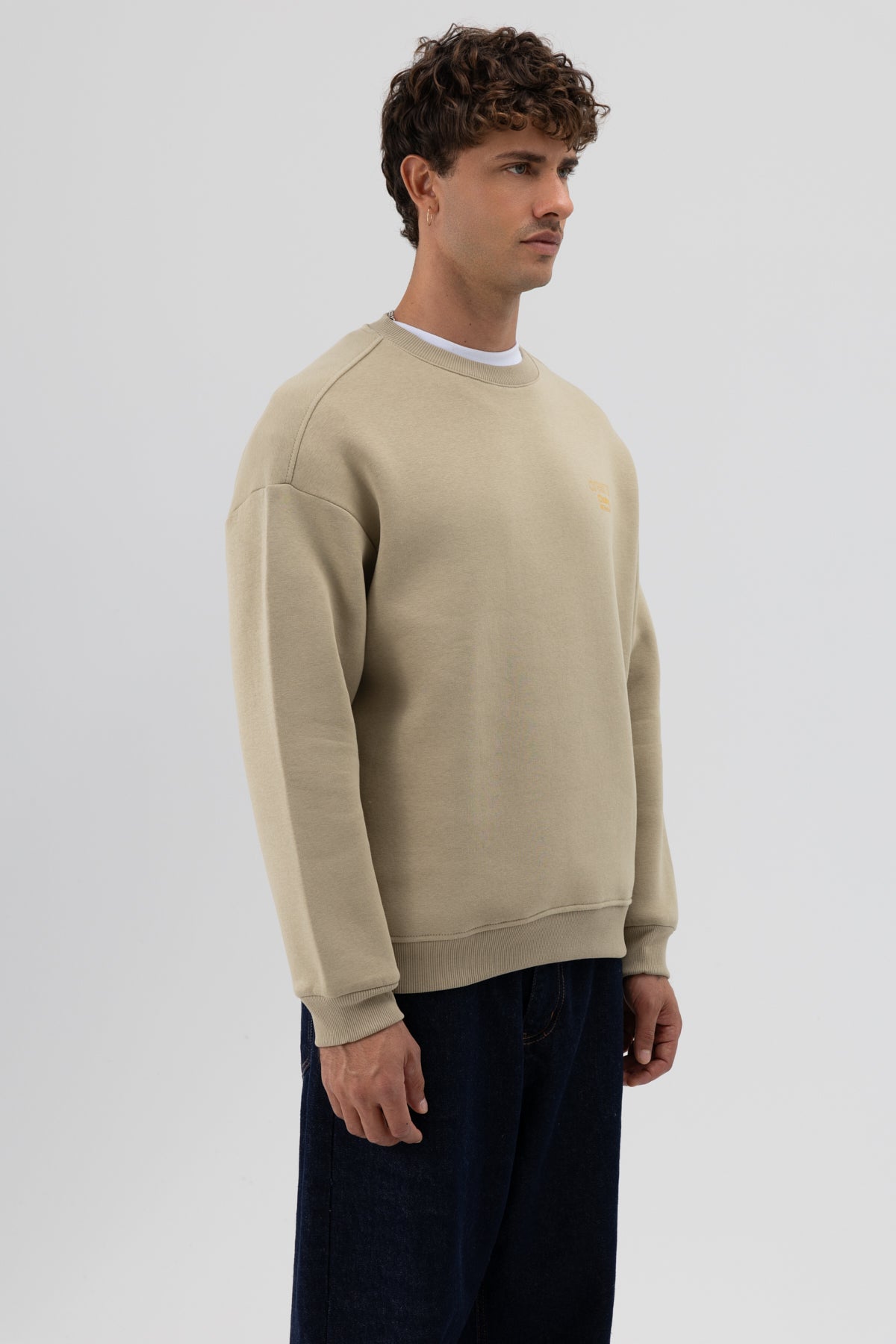 Oversize Bisiklet Yaka Baskılı Sweatshirt Haki