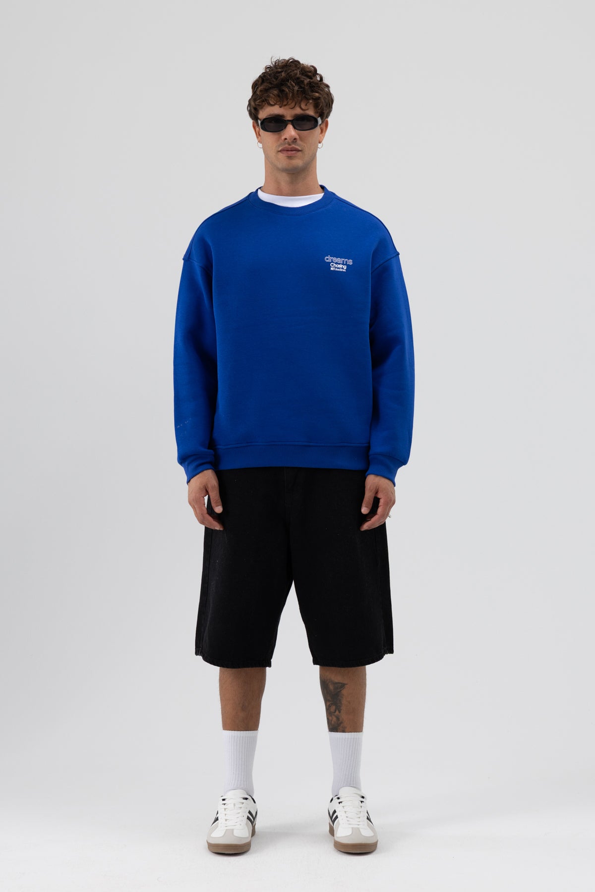 Oversize Bisiklet Yaka Baskılı Sweatshirt Saks