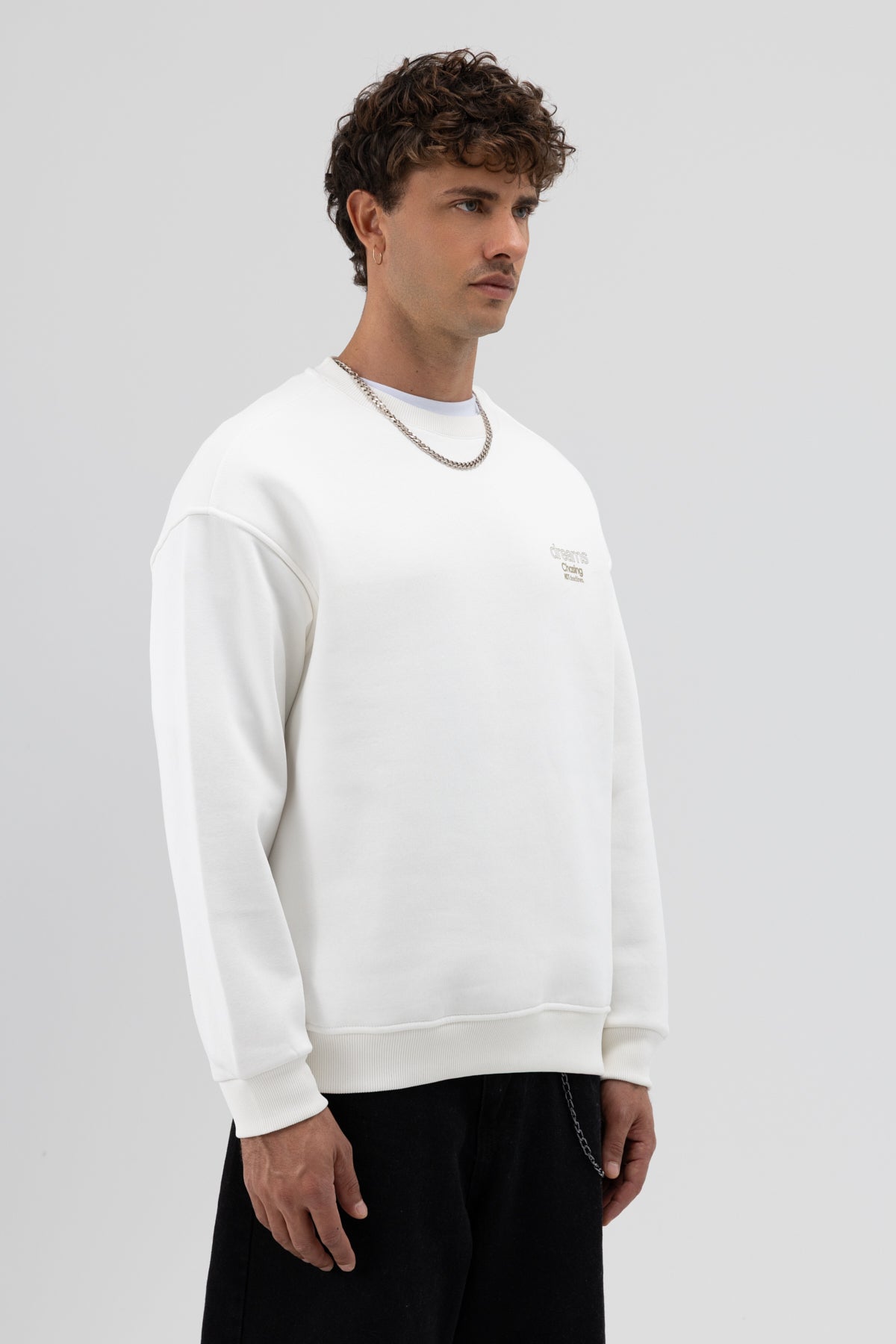 Oversize Bisiklet Yaka Baskılı Sweatshirt Ekru