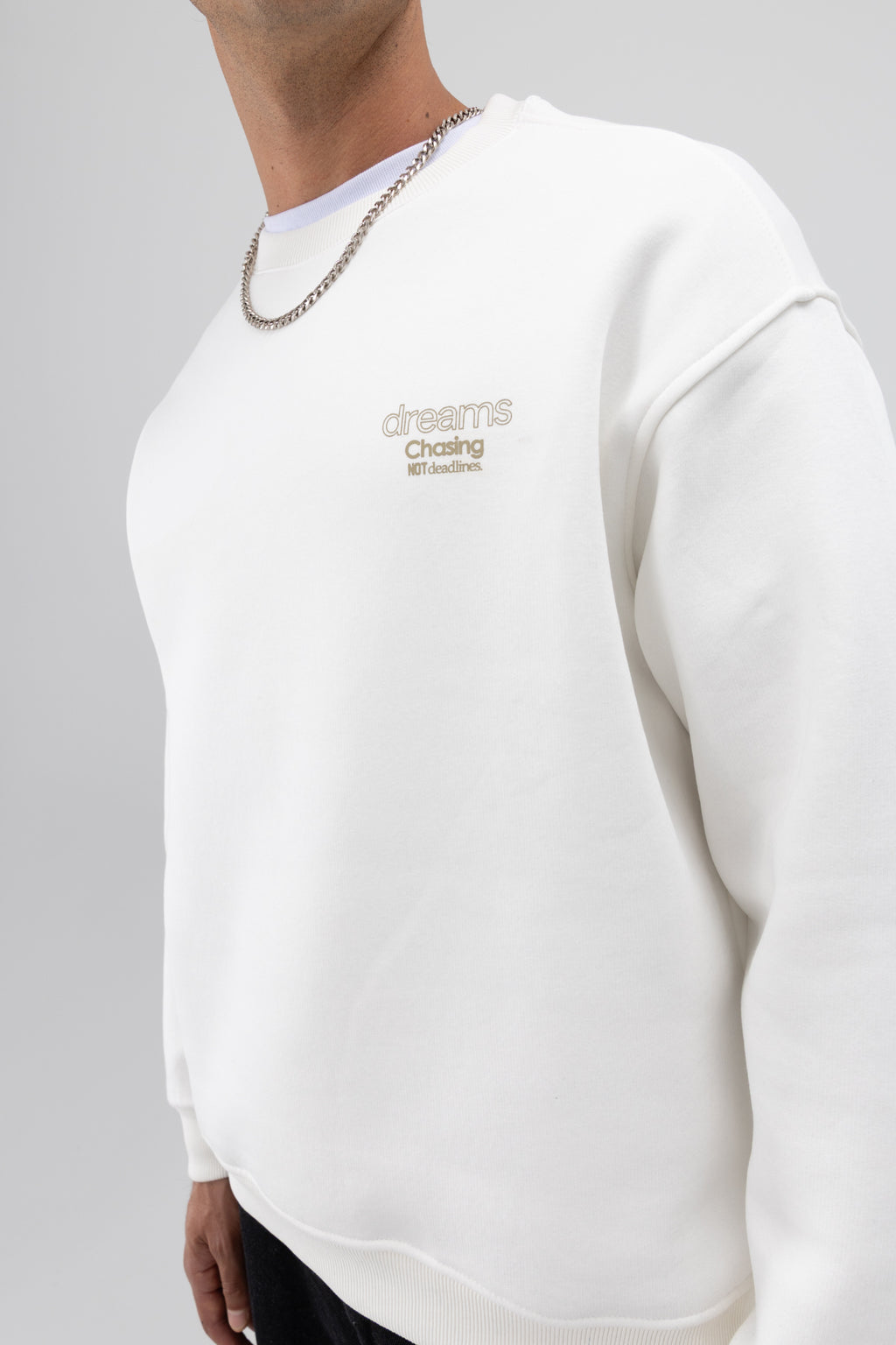 Oversize Bisiklet Yaka Baskılı Sweatshirt Ekru