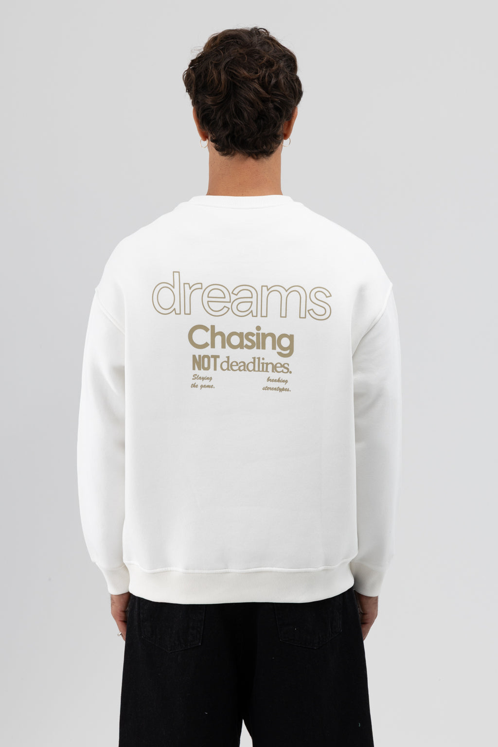 Oversize Bisiklet Yaka Baskılı Sweatshirt Ekru