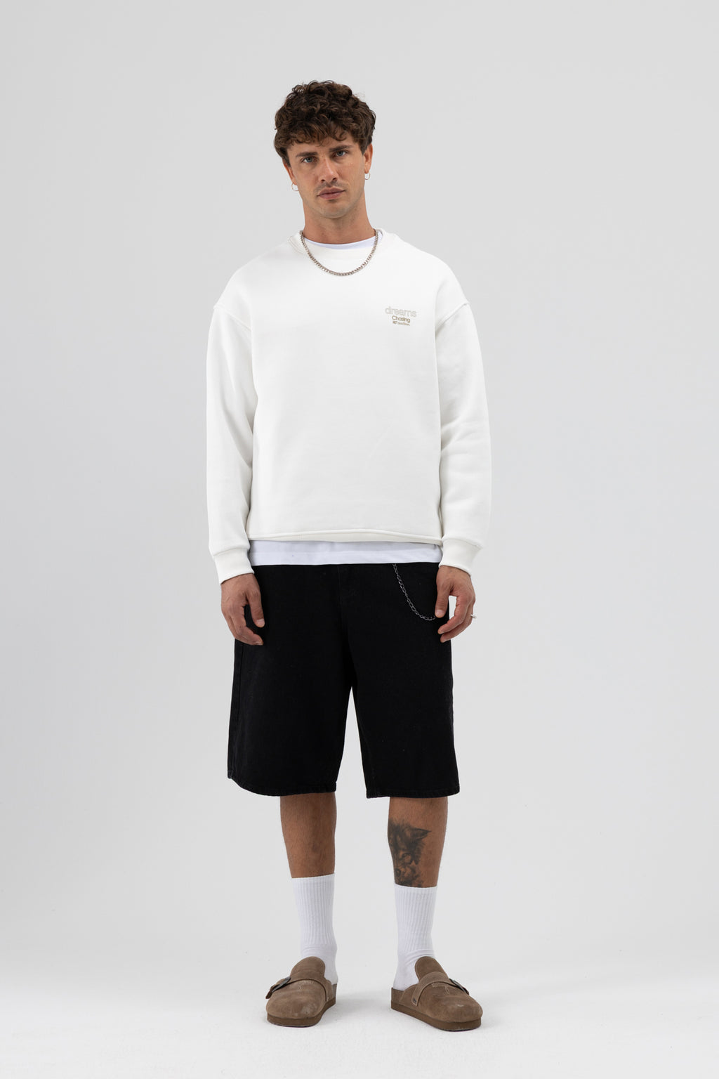 Oversize Bisiklet Yaka Baskılı Sweatshirt Ekru