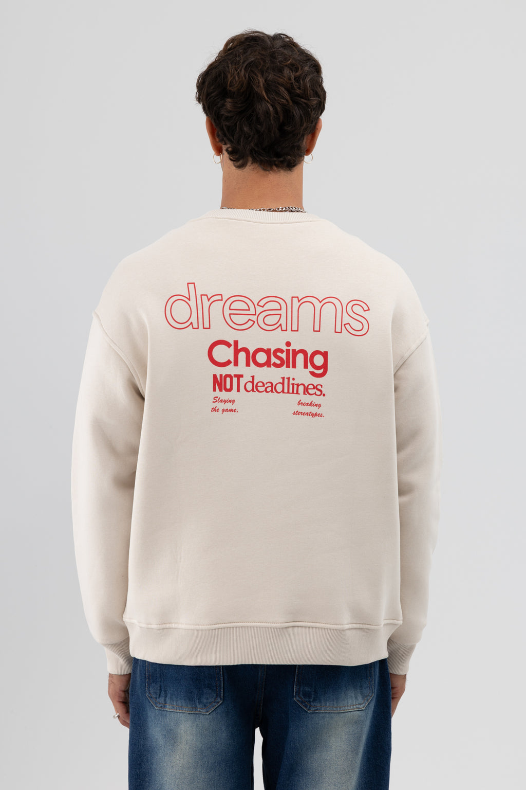 Oversize Bisiklet Yaka Baskılı Sweatshirt Taş