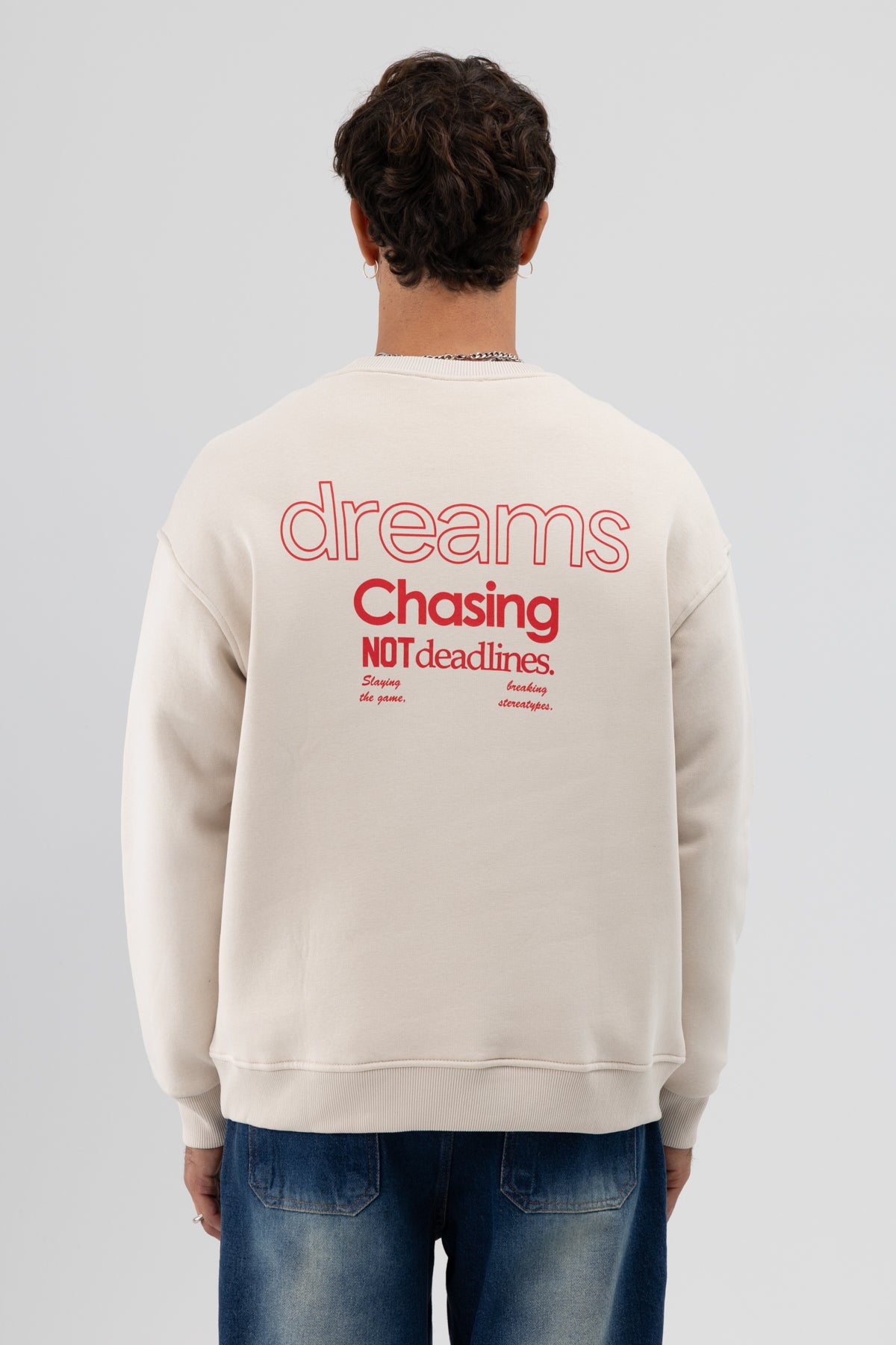 Oversize Bisiklet Yaka Baskılı Sweatshirt Taş