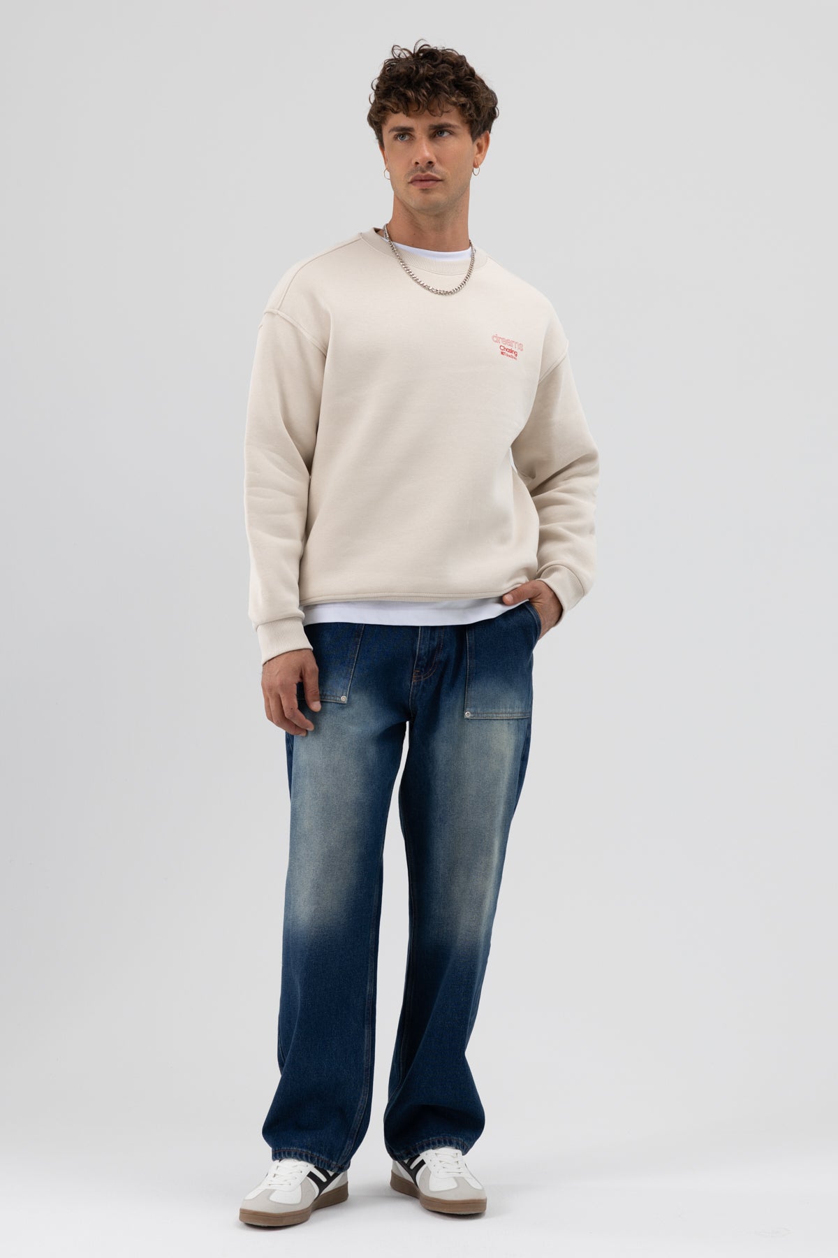 Oversize Bisiklet Yaka Baskılı Sweatshirt Taş