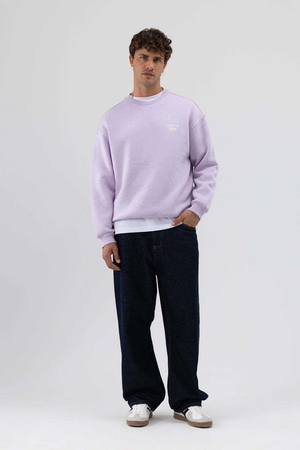 Oversize Bisiklet Yaka Baskılı Sweatshirt Lila