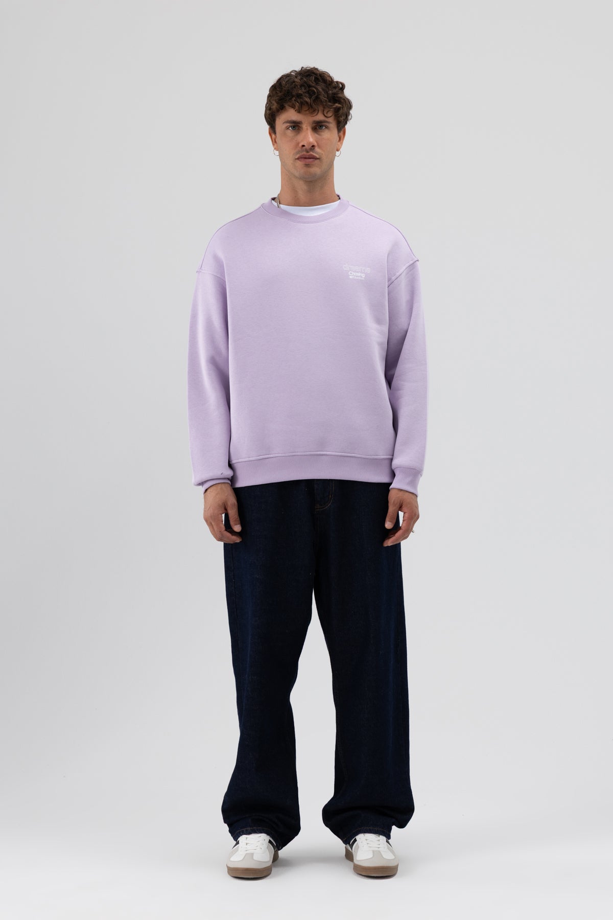 Oversize Bisiklet Yaka Baskılı Sweatshirt Lila