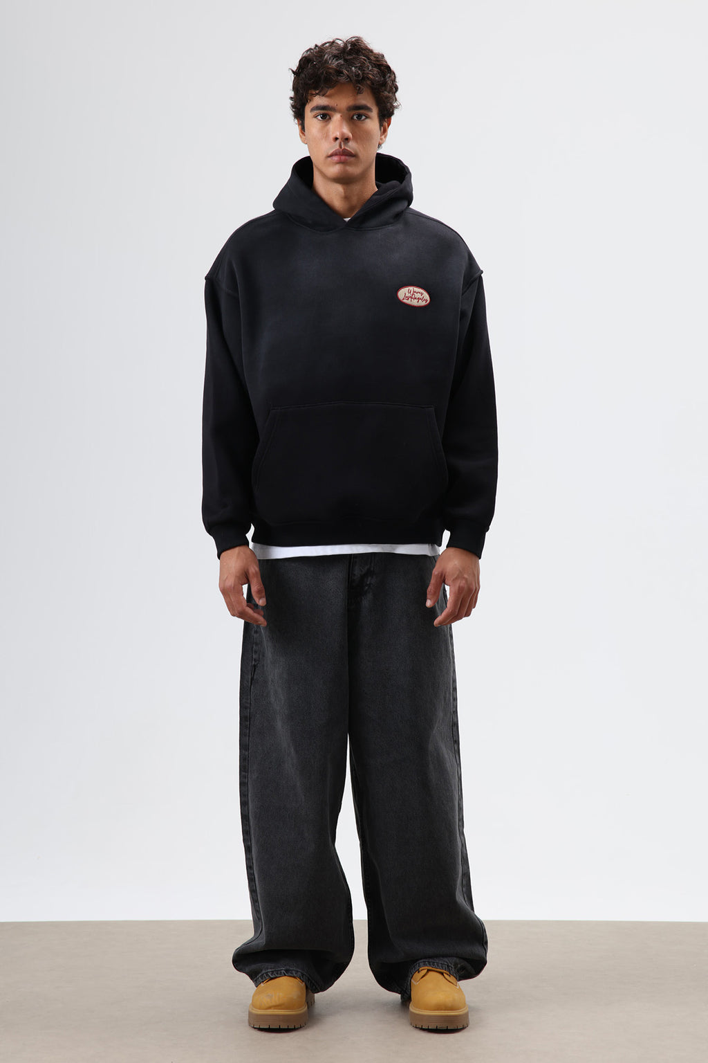 Oversize Baskılı Kapüşonlu Sweatshirt Siyah