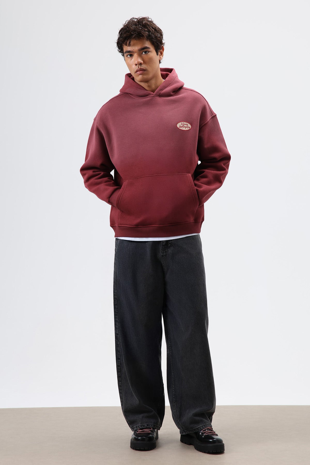 Oversize Baskılı Kapüşonlu Sweatshirt Bordo