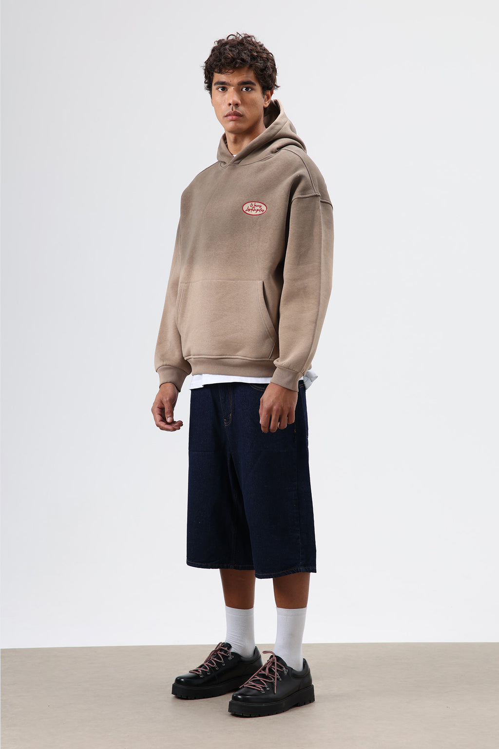 Oversize Baskılı Kapüşonlu Sweatshirt Vizon