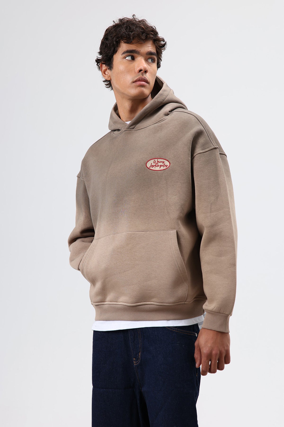 Oversize Baskılı Kapüşonlu Sweatshirt Vizon