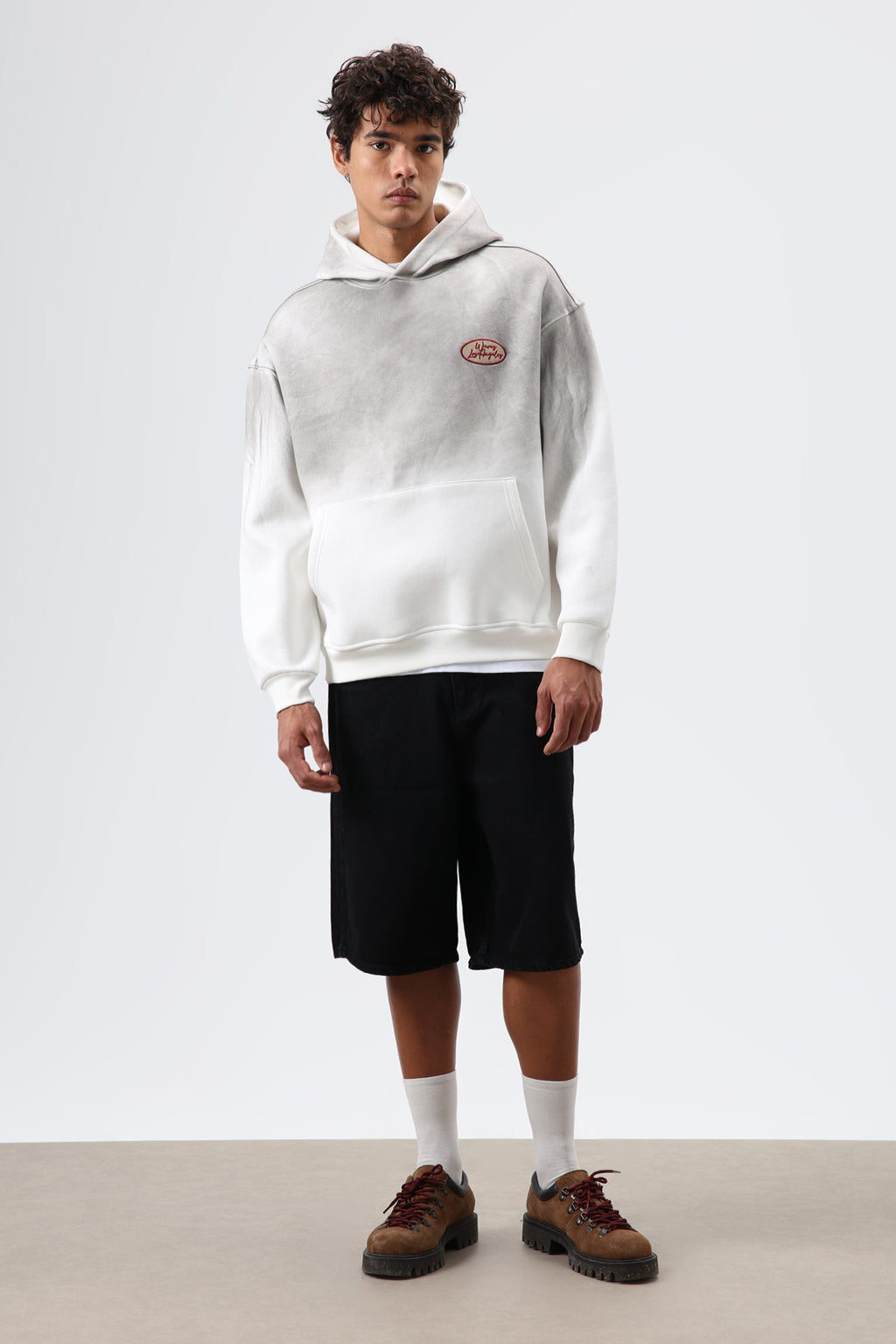 Oversize Baskılı Kapüşonlu Sweatshirt Ekru