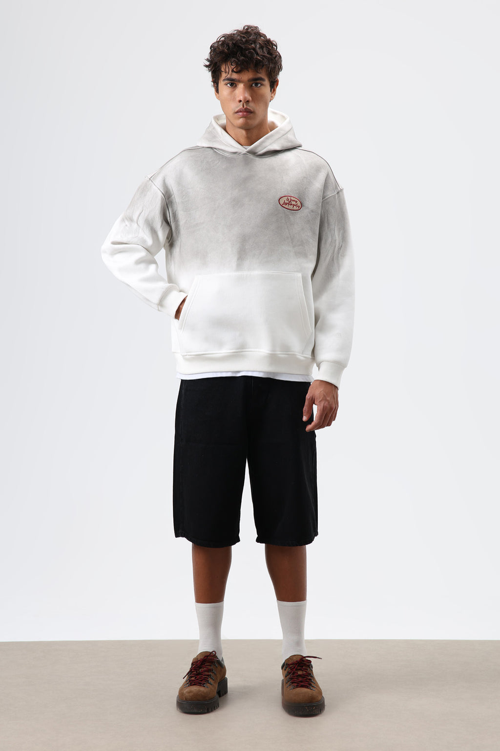Oversize Baskılı Kapüşonlu Sweatshirt Ekru