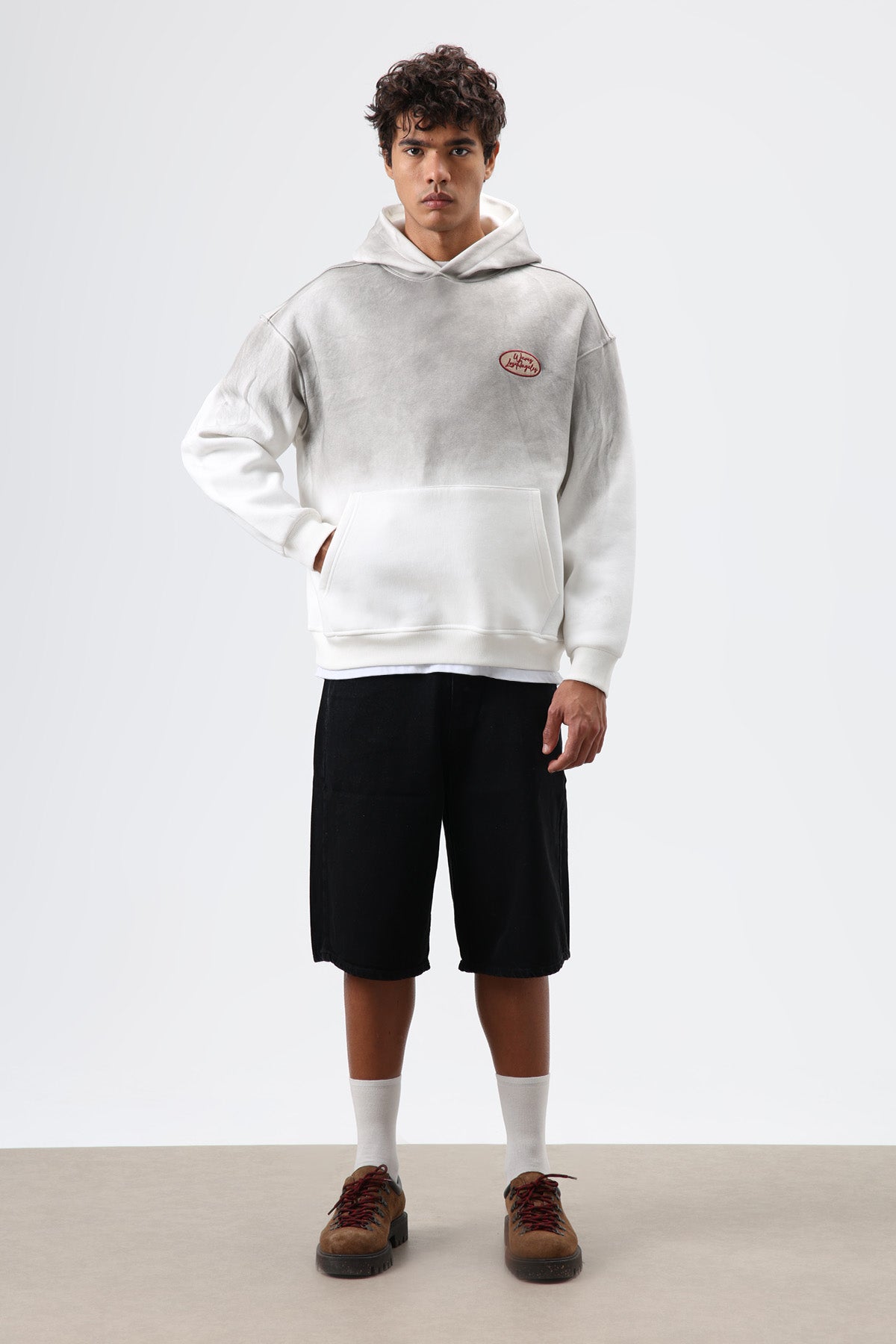 Oversize Baskılı Kapüşonlu Sweatshirt Ekru