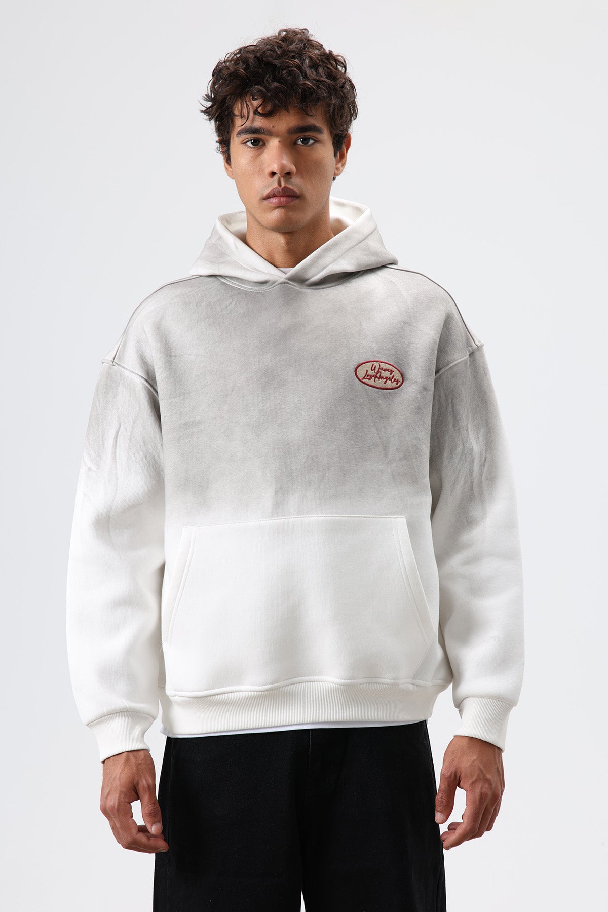 Oversize Baskılı Kapüşonlu Sweatshirt Ekru