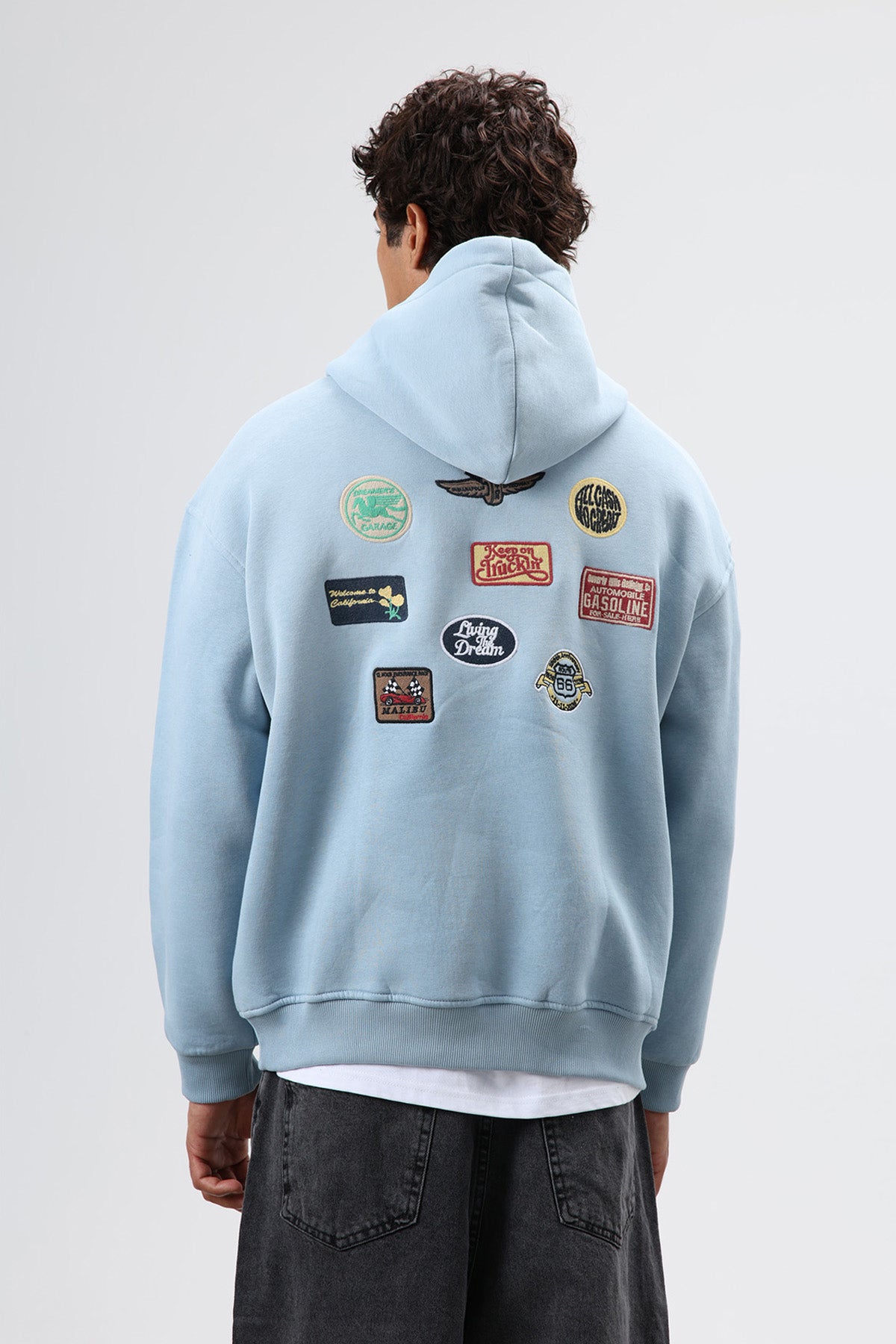 Oversize Baskılı Kapüşonlu Sweatshirt Koyu Mavi