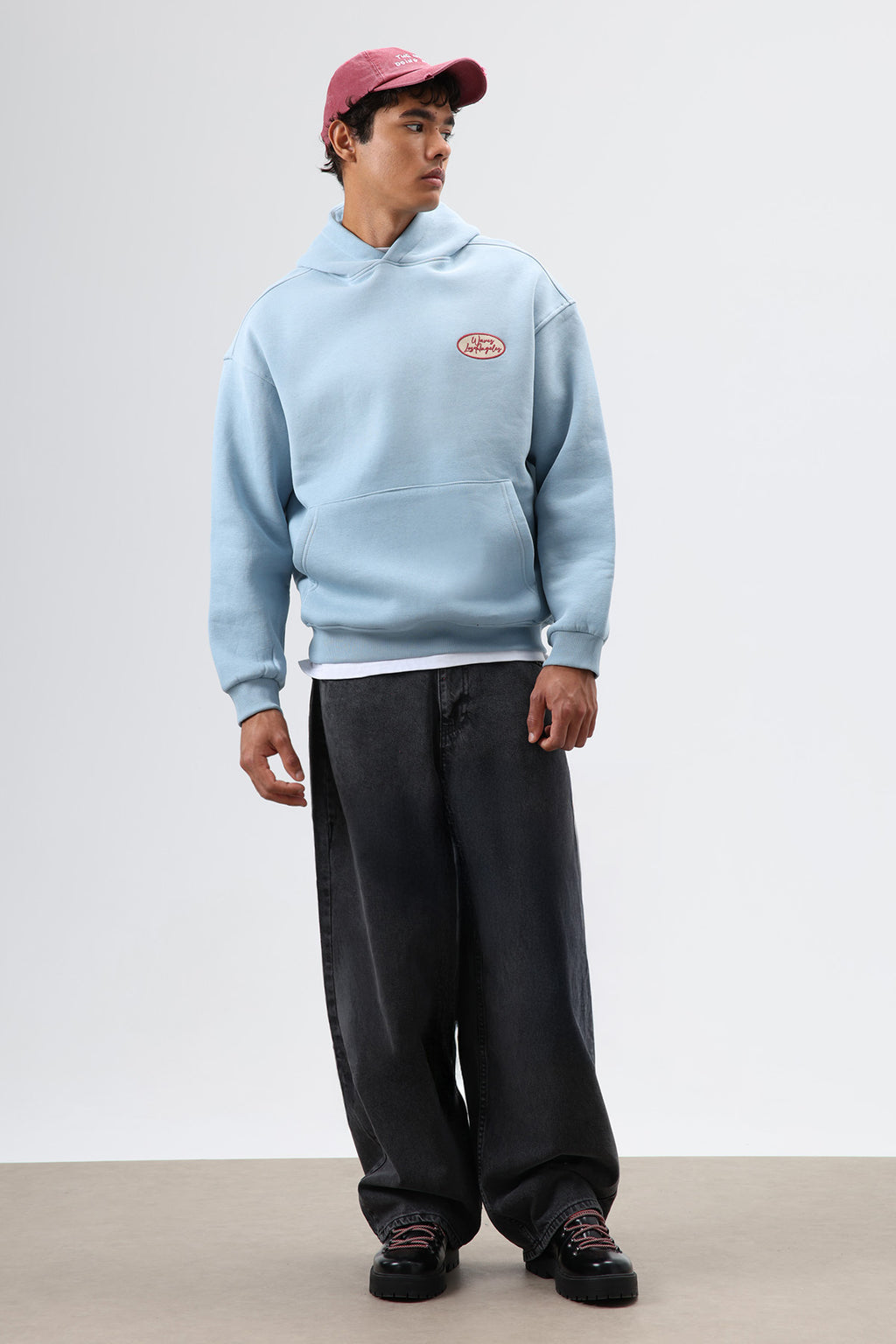 Oversize Baskılı Kapüşonlu Sweatshirt Koyu Mavi