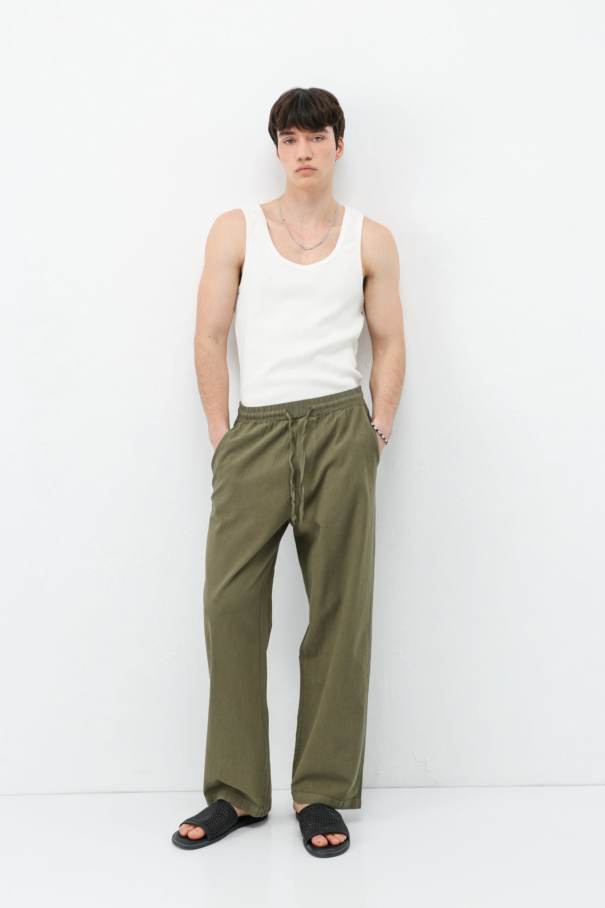 Bel Lastikli Baggy Fit Keten Pantolon Haki