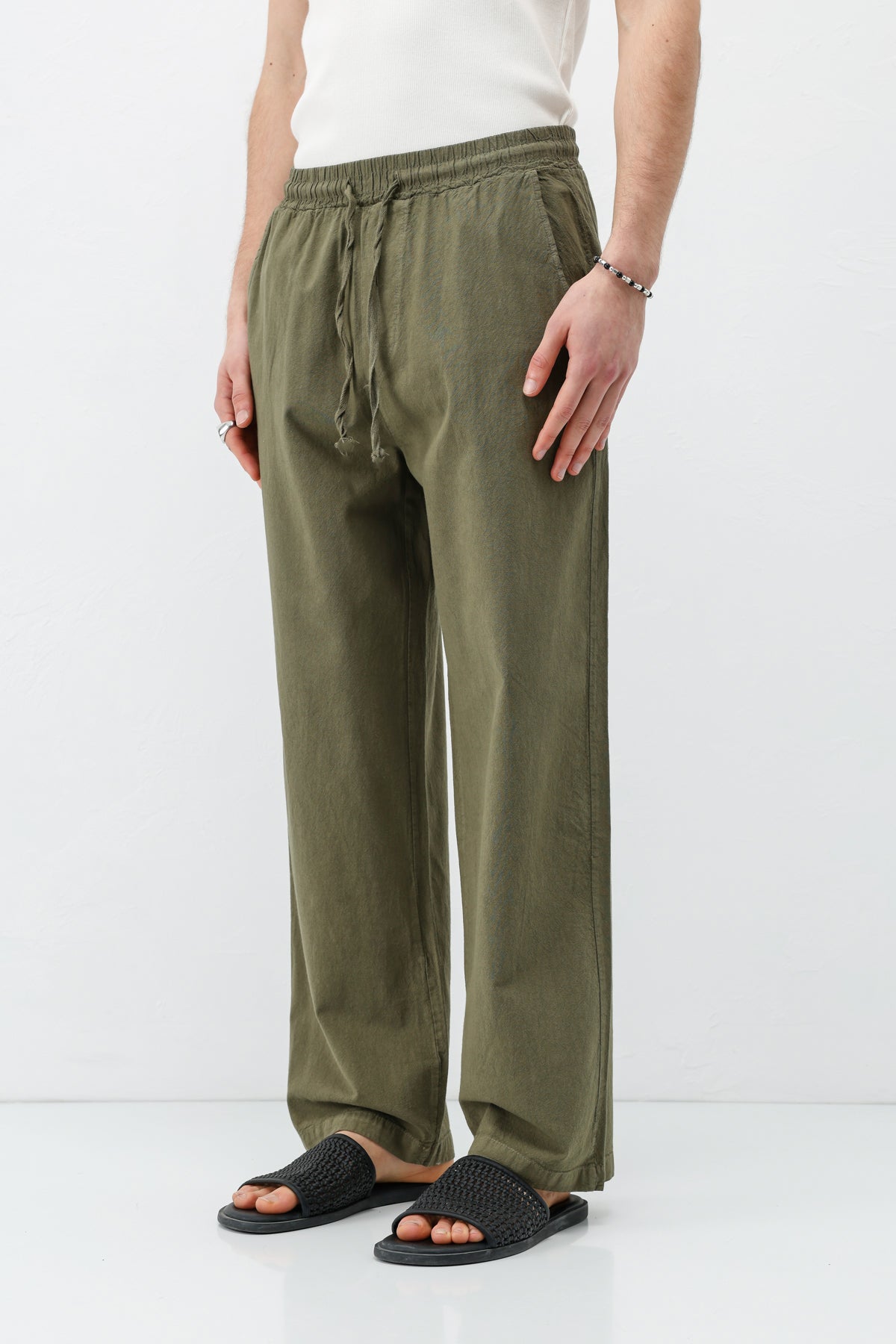 Bel Lastikli Baggy Fit Keten Pantolon Haki