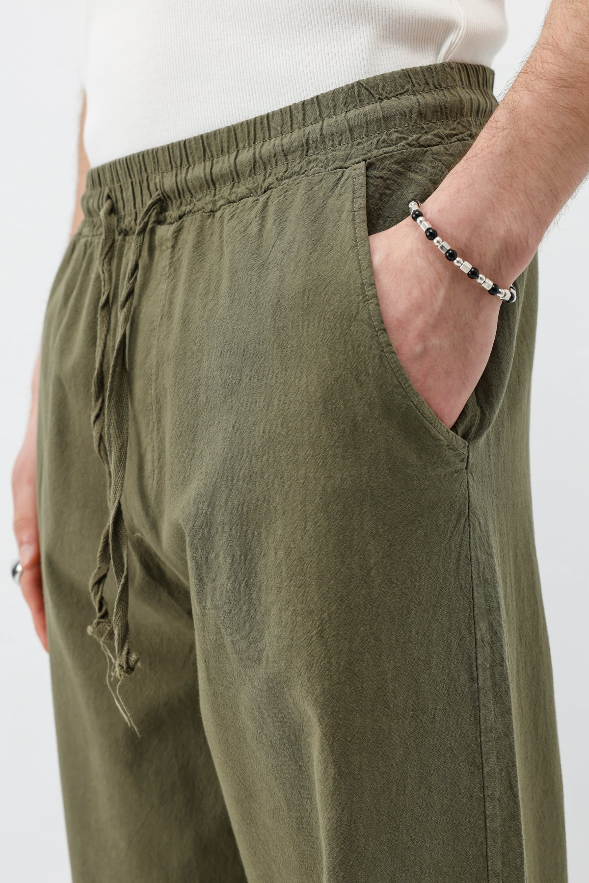 Bel Lastikli Baggy Fit Keten Pantolon Haki