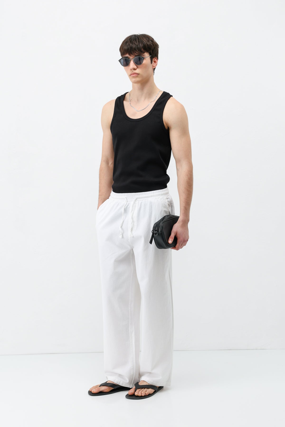 Bel Lastikli Baggy Fit Keten Pantolon Beyaz