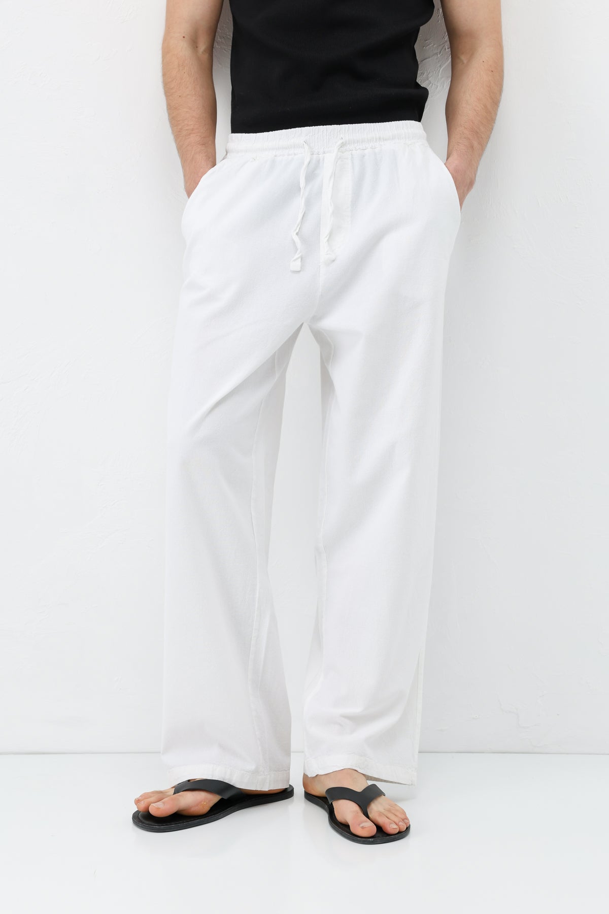 Bel Lastikli Baggy Fit Keten Pantolon Beyaz