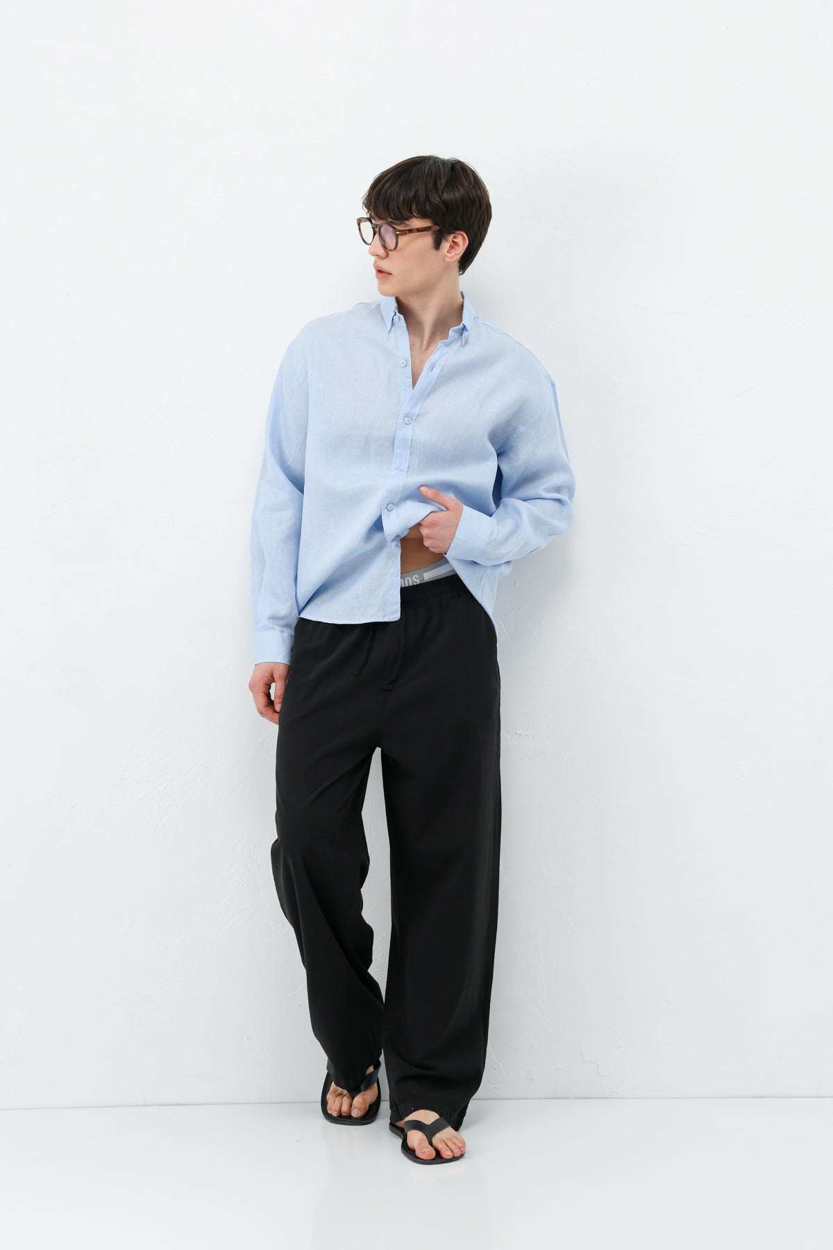 Bel Lastikli Baggy Fit Keten Pantolon Siyah