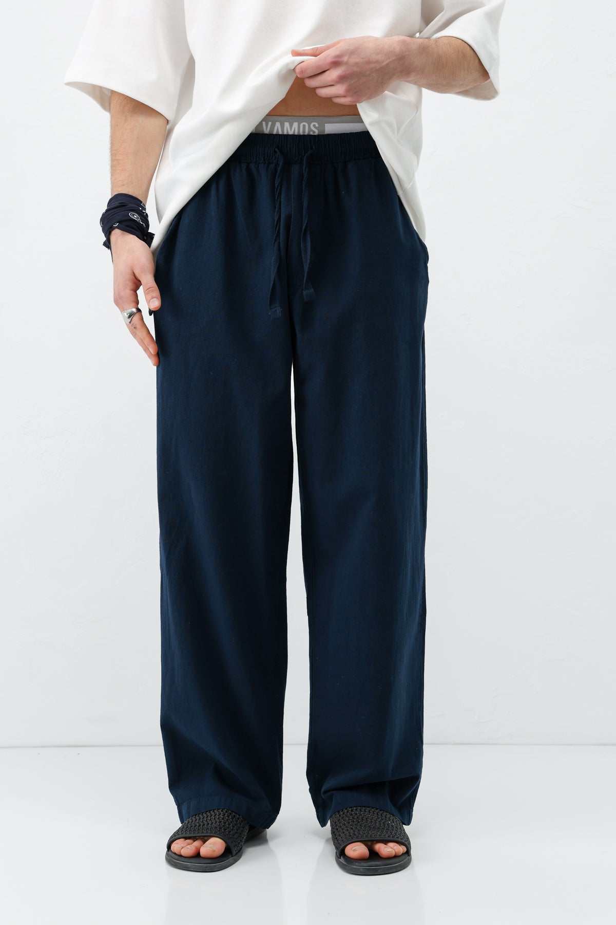 Bel Lastikli Baggy Fit Keten Pantolon Lacivert