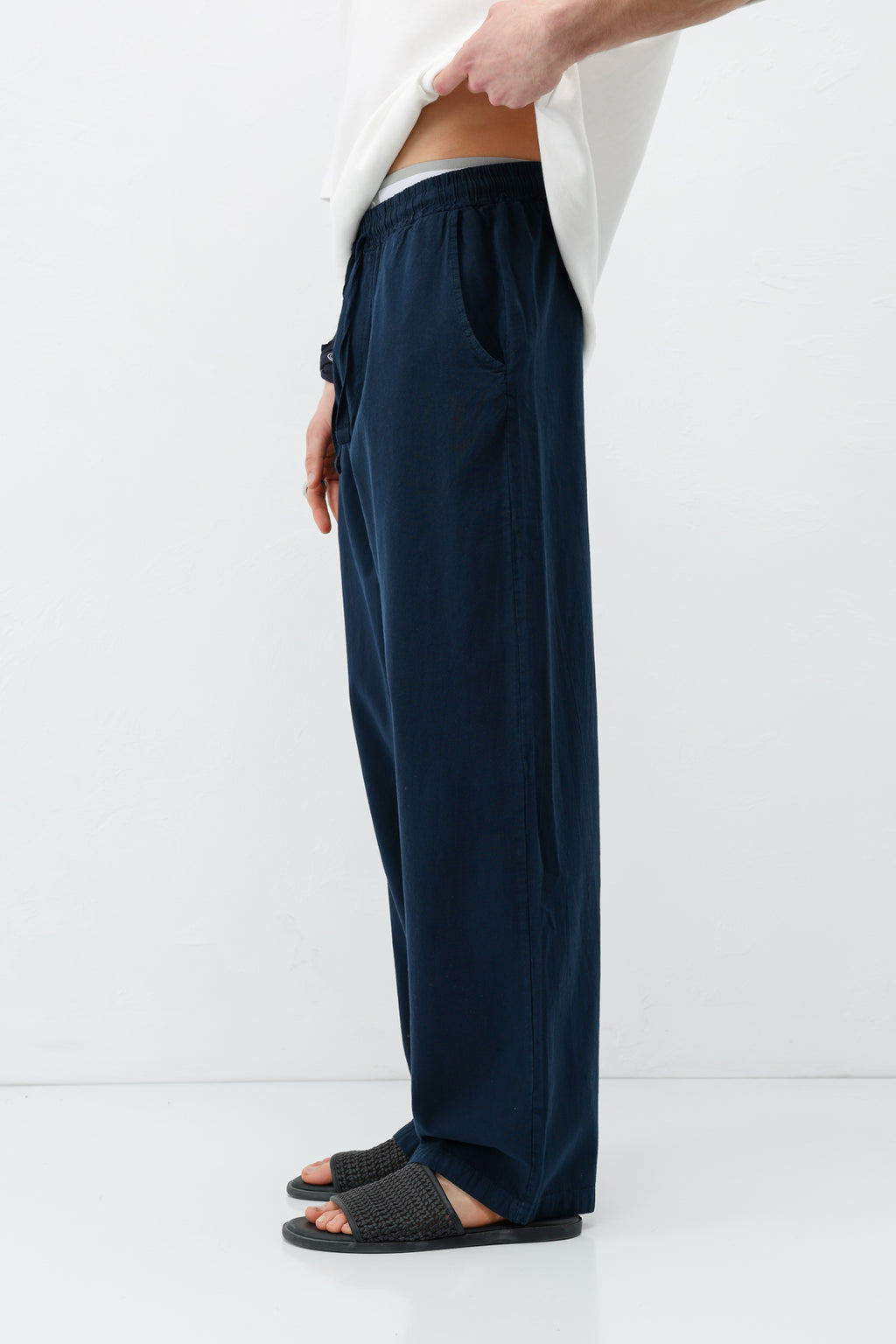 Bel Lastikli Baggy Fit Keten Pantolon Lacivert