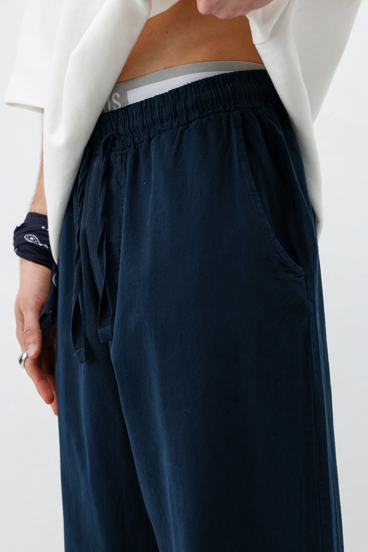 Bel Lastikli Baggy Fit Keten Pantolon Lacivert