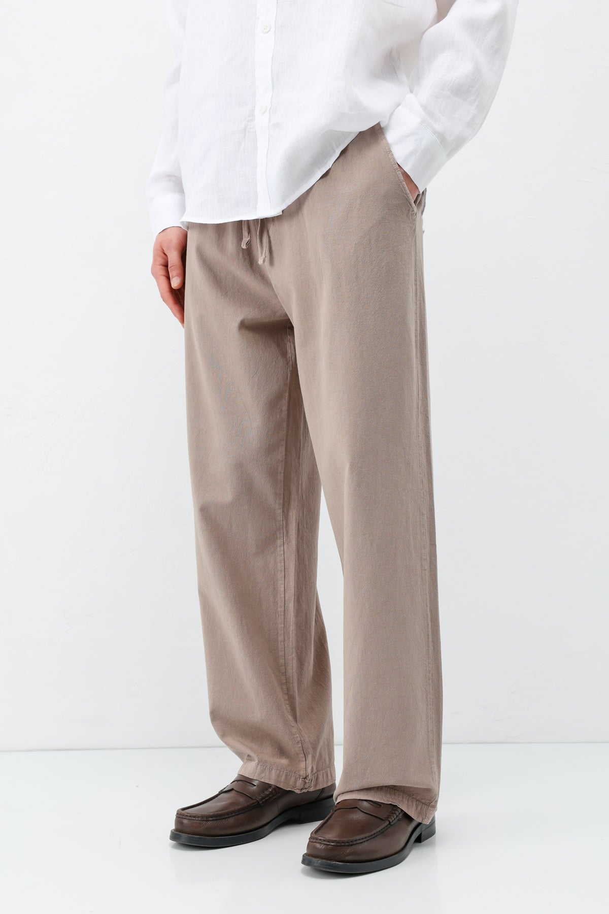 Bel Lastikli Baggy Fit Keten Pantolon Vizon